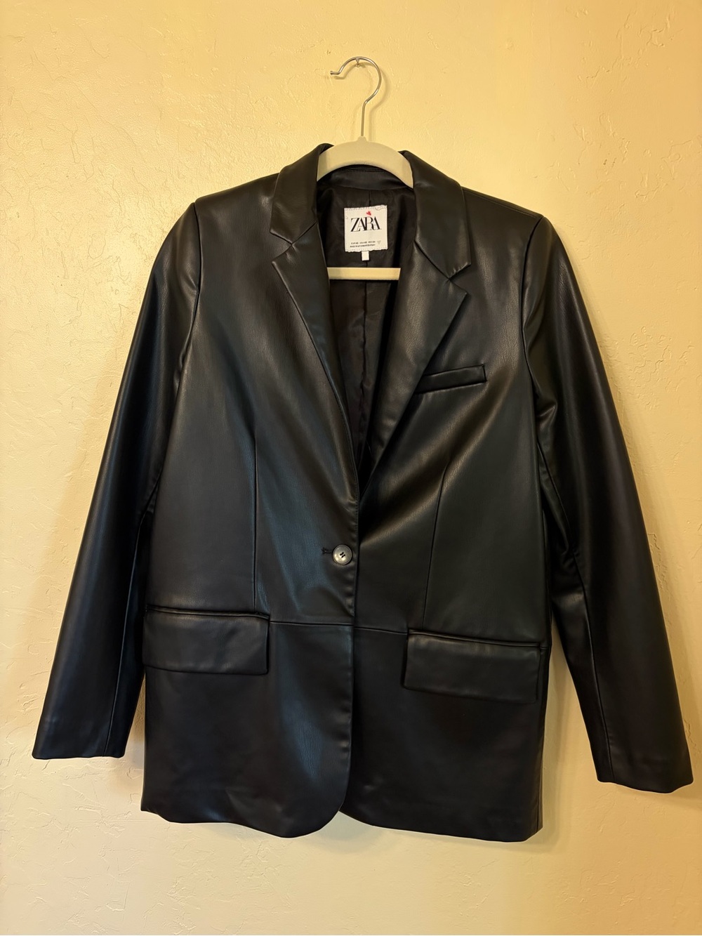 Zara Black Faux Leather Single-Button Blazer